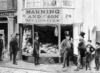 Benjamin Manning outside his butcher's
                          shop in Barnstaple High Street